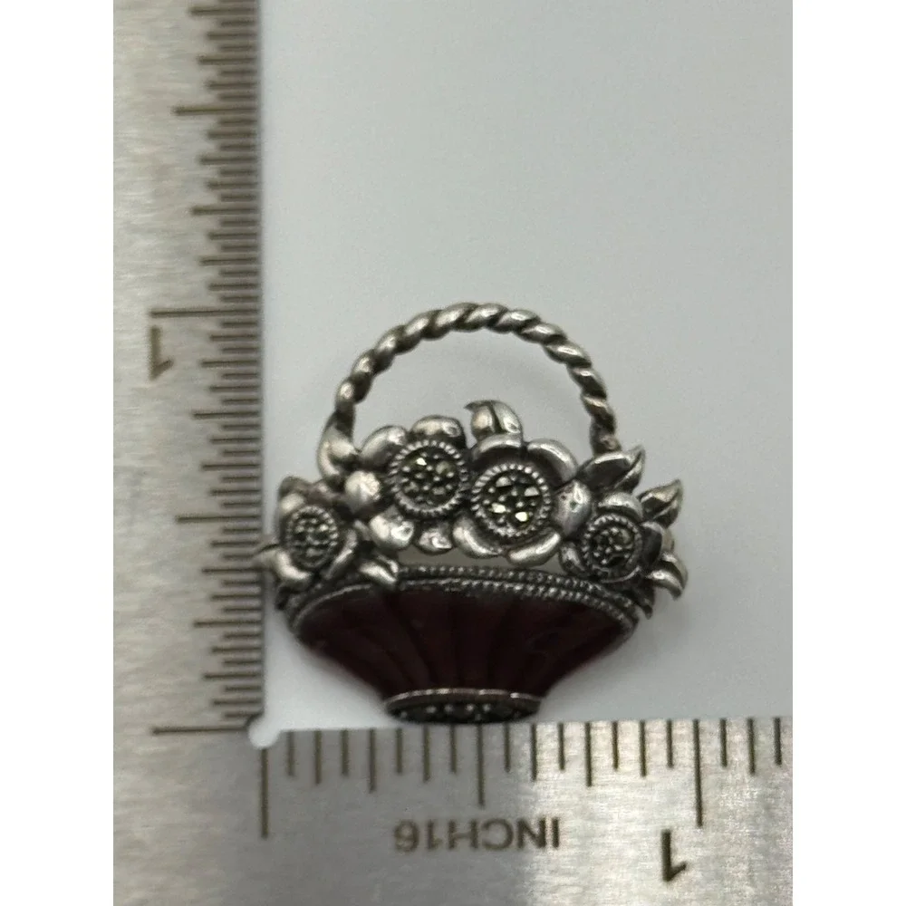 Judith Jack Sterling Silver Marcasite Enamel Flower Basket‎ Brooch Pin